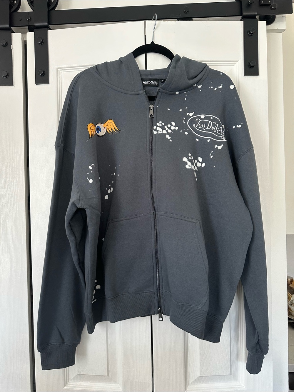 Von Dutch Genuine Riders Full Zip Hoodie Gray Bleach Splatter Graphic size L